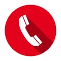 Red flat round telephone receiver icon, button with long shadow isolated on a white background. Royalty Free Stock Photo