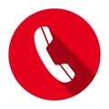 Red flat round telephone receiver icon, button with long shadow isolated on a white background. Royalty Free Stock Photo