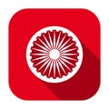 Red flat rounded square Ashoka Chakra symbol of national flag of the Republic of India icon, button with long shadow. Royalty Free Stock Photo