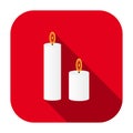 Red flat rounded square burning candles icon, button with long shadow.