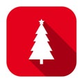 Red flat rounded square Christmas tree icon, button with long shadow. Royalty Free Stock Photo