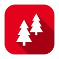 Red flat rounded square coniferous trees icon, button with long shadow. Royalty Free Stock Photo