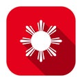 Red flat rounded square eight-rayed sun of flag of the Republic of Philippines icon, button with long shadow.