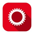 Red flat rounded square gear wheel icon, button with long shadow.