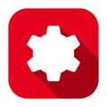 Red flat rounded square gear wheel icon, button with long shadow.