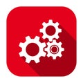 Red flat rounded square gear wheels icon, button with long shadow.