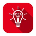 Red flat rounded square idea glowing light bulb line icon, button with long shadow.