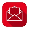 Red flat rounded square opened envelope with letter outline icon, button with long shadow.