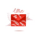 Red flat vector email letter with plants for my love, on the valentine`s day