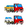 Red Flatbed Tow Truck Transporting Yellow and White Cars. Vector stock illustration