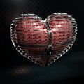 Red fleshy heart captured in heart shaped metal cage