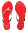 Red flip-flops in rhinestones bottom view and top view. Isolated Royalty Free Stock Photo