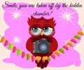 A red flirtatious cartoon owl sits on a garland of flags with a camera and photographs. Photographer, paparazzi