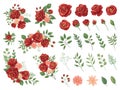 Red Floral Bouquet. Burgundy Rose Flower, Vintage Roses Bouquets And Spring Flowers Vector Illustration Set