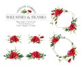 Red floral round frame. Poppy wreath, bouquets