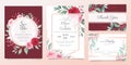 Red floral wedding invitation card template set with watercolor flowers arrangements. Elegant botanic decoration background of Royalty Free Stock Photo