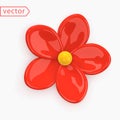 Red Flower. Abstract minimal 5 leaf chamomile flower. Realistic 3d cartoon design element in glossy plastic. Porcelain flower Royalty Free Stock Photo