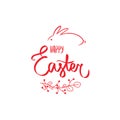 Red flower card with sweet Happy easter sign in red color with cute bunny. Flower red border, red rabbit