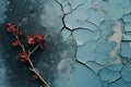 red flower on cracked blue wall