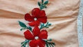 Red flower Embroidery  on the cloth background Royalty Free Stock Photo