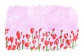 Red flower field on pink watercolor background, heart shape flowers, Valentine`s Day card Royalty Free Stock Photo