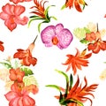 Red Flower Foliage. Autumn Hibiscus Background. Yellow Tropical Palm. Orange Exotic Illustration . Seamless Painting. Pattern Wall Royalty Free Stock Photo