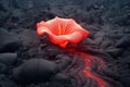 Red Flower Growing Through Volcano Lava extreme closeup. Generative AI