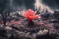 Red Flower Growing Through Volcano Lava extreme closeup. Generative AI