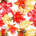 Red Flower Illustration. Orange Hibiscus Background. Yellow Tropical Set. Autumn Exotic Textile . Seamless Illustration. Pattern P Royalty Free Stock Photo