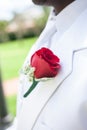 Red flower on lapel of groom