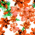 Red Flower Leaves. Autumn Hibiscus Garden. Orange Tropical Texture. Yellow Exotic Backdrop . Seamless Print. Pattern Jungle. Flora Royalty Free Stock Photo