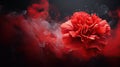 a red flower is in the middle of a black background with red and white smoke coming out of the petals