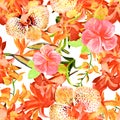 Red Flower Painting. Orange Hibiscus Decor. Yellow Tropical Foliage. Autumn Exotic Leaves . Seamless Textile. Pattern Leaves. Flor Royalty Free Stock Photo