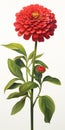 Hyperrealistic Illustration Of A Red Zinnia With Stem