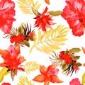 Red Flower Textile. Yellow Hibiscus Print. Autumn Tropical Background. Orange Exotic Background . Seamless Leaves. Pattern Wallpap