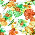 Red Flower Wallpaper. Autumn Hibiscus Plant. Yellow Tropical Foliage. Orange Exotic Plant . Seamless Foliage. Pattern Leaves.Summe Royalty Free Stock Photo