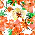 Red Flower Wallpaper. Autumn Hibiscus Textile. Orange Tropical Painting. Yellow Exotic Design . Seamless Leaves. Pattern Texture. Royalty Free Stock Photo