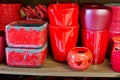 Red flowerpots in the florist store Royalty Free Stock Photo