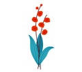 Red flowers with blue leaves on a white background. Simple botanical vector illustration for design and decor