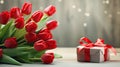 Red flowers bouquet. Spring tulips with gift box over bokeh light background