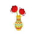 Red flowers in colorful vase on white background. Royalty Free Stock Photo