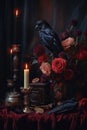 Red flowers, dark crow and candles. Beautiful illustration picture. Generative AI