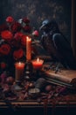 Red flowers, dark crow and candles. Beautiful illustration picture. Generative AI