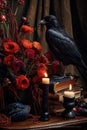 Red flowers, dark crow and candles. Beautiful illustration picture. Generative AI