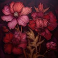 Psychedelic Art Nouveau: Delicate Shading Of Red Flowers On Black Background