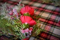 Red Flowers with evergreen and holly berries