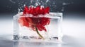 Red flowers frozen in ice cube with water splashes on white background, Generative AI Royalty Free Stock Photo