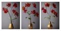 Red Flowers, in a gold 3d vase ornamented with blue color, luminous, volumetric lighting on grey background