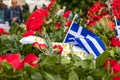Red flowers and greek flags to conmemorate the 46th aniversary of the uprising students against the Greek junta in 1973.