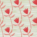 Red flowers hand drawn silhouettes minimalistic seamless pattern. Stripped green and white background